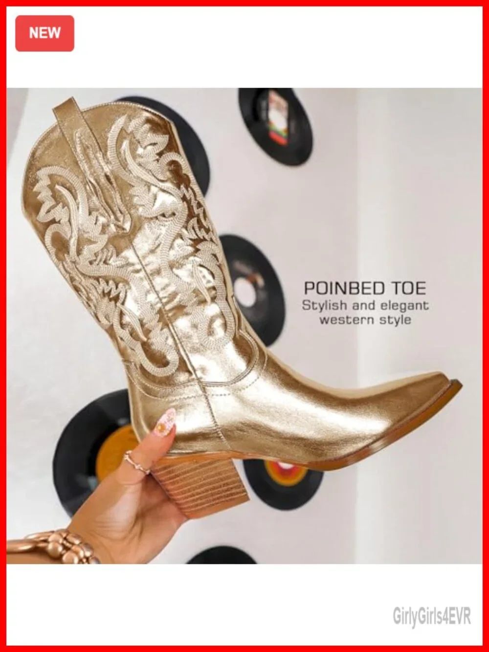 Sparkly Embroidered Cowboy Boots for Women Wide Calf Chunky Heel